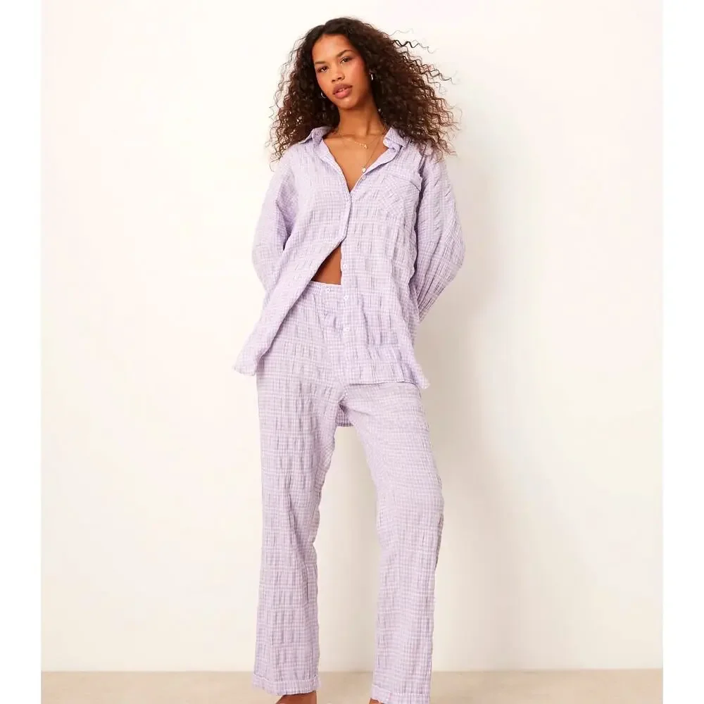 Free People Textured Pajama Shirt Mini Dress Loungewear in Lilac Medium